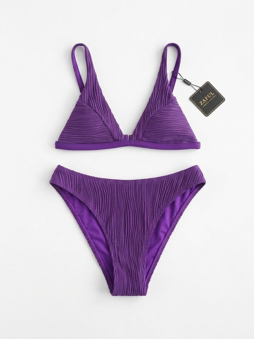 ZAFUL Women's High Cut Textured Triangle Bikini Set - Purple M